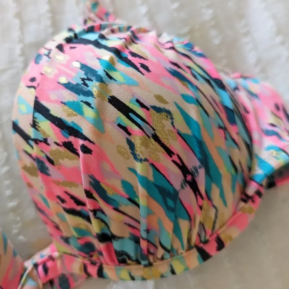 Shade & Shore Neon Pink/Blue/Gold Abstract Bikini Top Small